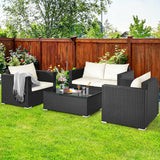 4 Pieces Patio Rattan Conversation Set with Padded Cushion and Tempered Glass Coffee Table-White