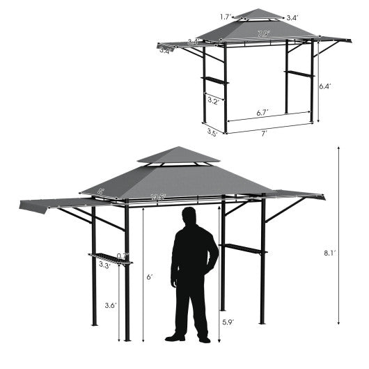 13.5 x 4 Feet Patio BBQ Grill Gazebo Canopy with Dual Side Awnings-Gray