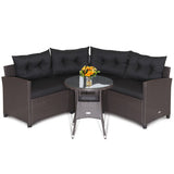 4 Pieces Patio Rattan Furniture Set Cushioned Sofa Glass Table-Black