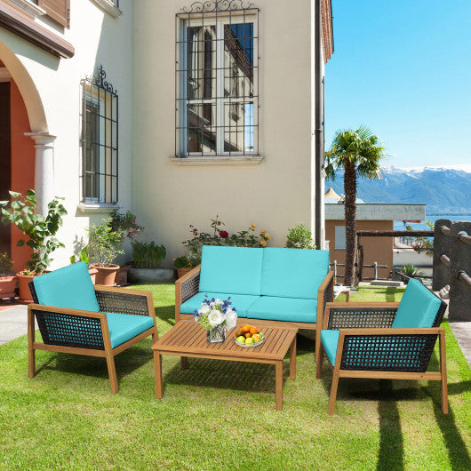 4 Pieces Patio Rattan Furniture Set with Removable Cushions-Turquoise