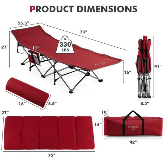 Folding Retractable Travel Camping Cot with Mattress and Carry Bag-Red