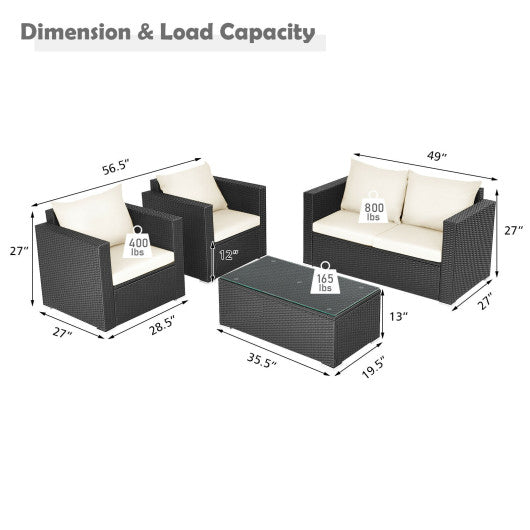 4 Pieces Patio Rattan Conversation Set with Padded Cushion and Tempered Glass Coffee Table-White