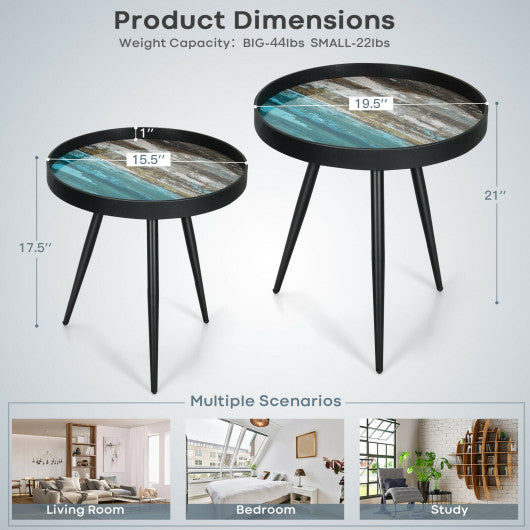 Set of 2 Stylish Nesting End Tables with Wooden Tray Top and Steel Legs-Black