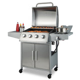 50000BTU 5-Burner Propane Gas Grill with Side Burner and 2 Prep Tables-Silver