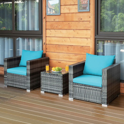 3 Pieces Patio Rattan Furniture Bistro Sofa Set with Cushioned-Turquoise