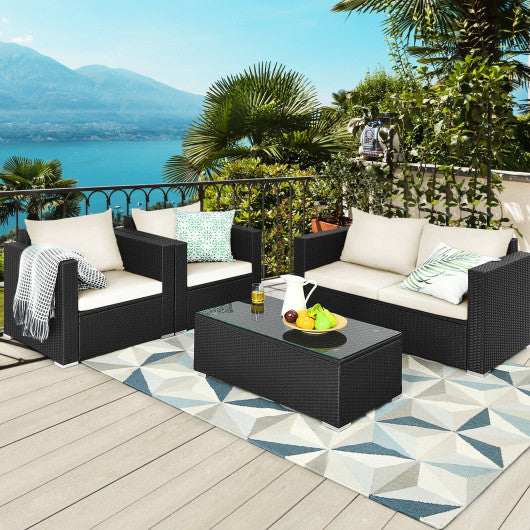 4 Pieces Patio Rattan Conversation Set with Padded Cushion and Tempered Glass Coffee Table-White