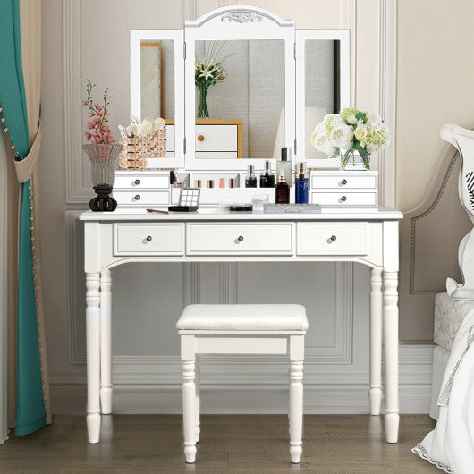 Makeup Dressing Table with Tri-Folding Mirror and Cushioned Stool for Women-White