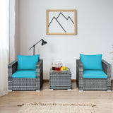 3 Pieces Patio Rattan Furniture Bistro Sofa Set with Cushioned-Turquoise