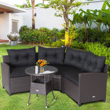 4 Pieces Patio Rattan Furniture Set Cushioned Sofa Glass Table-Black