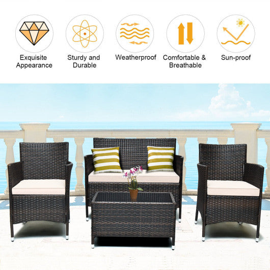 4 Pieces Comfortable Outdoor Rattan Sofa Set with Glass Coffee Table-Beige & Red