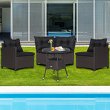 4 Pieces Patio Rattan Furniture Set Cushioned Sofa Glass Table-Black