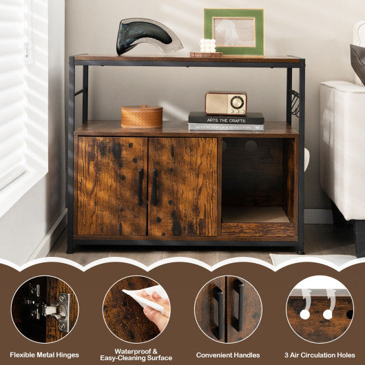 Wooden Cat Box Cabinet with with Metal Frame and Scratching Pad-Rustic Brown