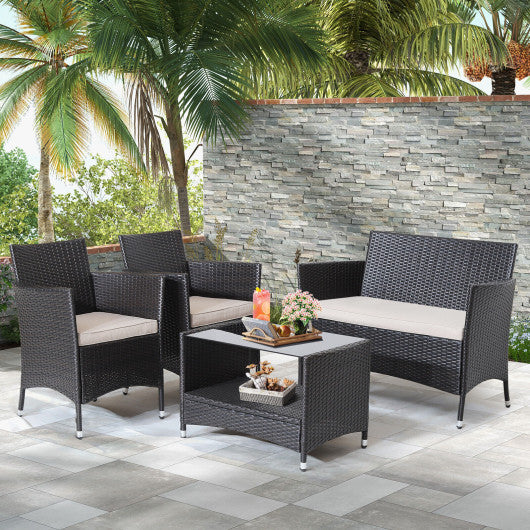 4 Pieces Patio Conversation Set with Soft Cushions and Tempered Glass Tabletop