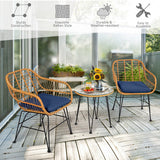 3 Pieces Rattan Furniture Set with Cushioned Chair Table-Navy