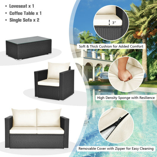 4 Pieces Patio Rattan Conversation Set with Padded Cushion and Tempered Glass Coffee Table-White