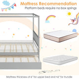 Full Size Canopy Bed with Trundle Wooden Platform Bed Frame Headboard-Gray