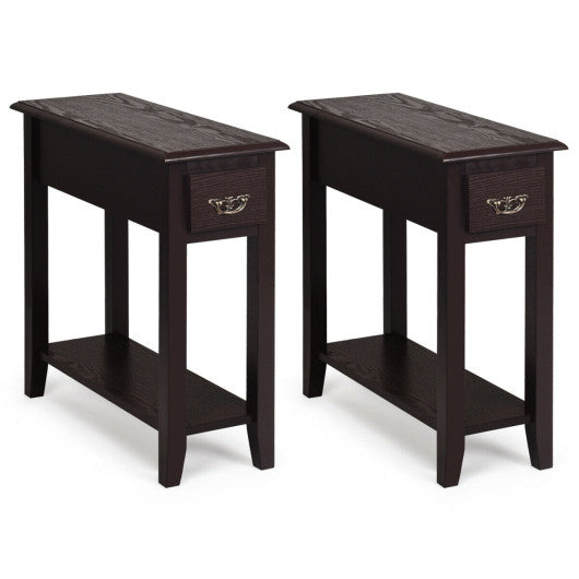 2 Pieces 2 Tier Sofa Side End Table with Drawer and Open Shelf-Dark Brown