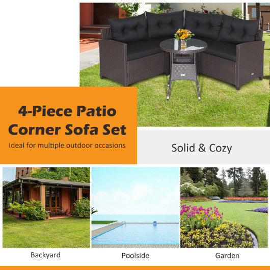 4 Pieces Patio Rattan Furniture Set Cushioned Sofa Glass Table-Black