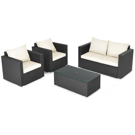 4 Pieces Patio Rattan Conversation Set with Padded Cushion and Tempered Glass Coffee Table-White