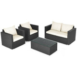 4 Pieces Patio Rattan Conversation Set with Padded Cushion and Tempered Glass Coffee Table-White