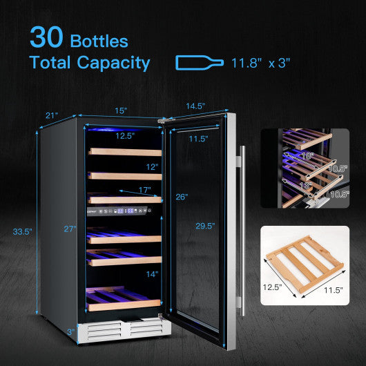 30-Bottle Freestanding Wine Cooler with Temp Memory and Dual Zones -Silver