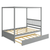 Full Size Canopy Bed with Trundle Wooden Platform Bed Frame Headboard-Gray
