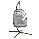 Hanging Folding Egg Chair with Stand Soft Cushion Pillow Swing Hammock-Gray