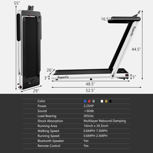 2.25HP 2 in 1 Folding Treadmill with APP Speaker Remote Control-White