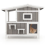 Outdoor 2-Story Wooden Feral Cat House with Escape Door-Gray