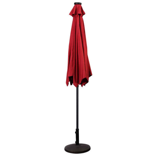 9FT Patio Solar Umbrella LED Patio Market Steel Tilt W/ Crank Outdoor New-Dark Red