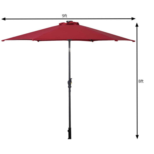 9FT Patio Solar Umbrella LED Patio Market Steel Tilt W/ Crank Outdoor New-Dark Red