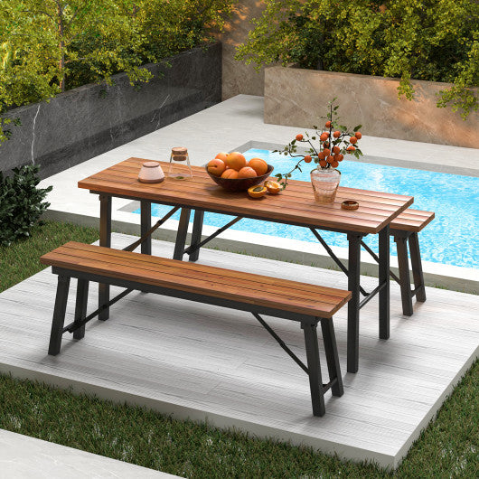 Outdoor Dining Table and Bench Set with Acacia Wood Top for Yard Garden Poolside