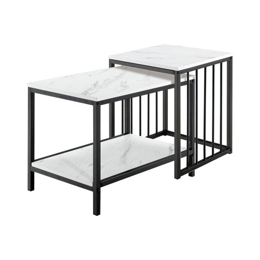 Set of 2 Nesting End Tables with Storage Shelf-White