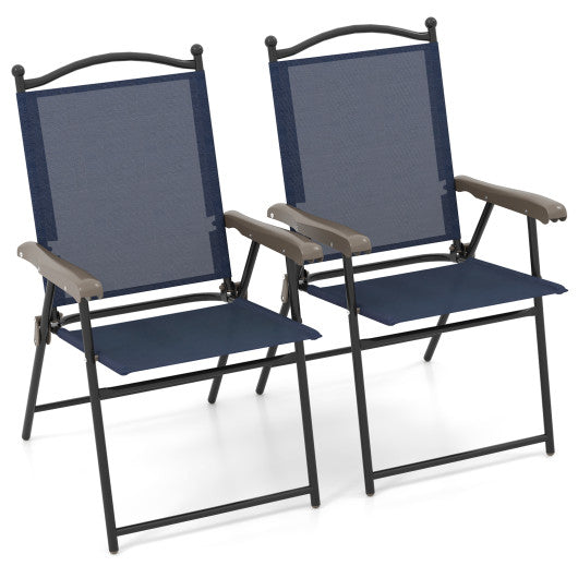 Set of 2 Patio Folding Sling Back Camping Deck Chairs-Navy