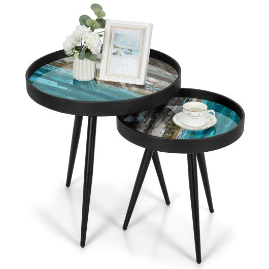 Set of 2 Stylish Nesting End Tables with Wooden Tray Top and Steel Legs-Black