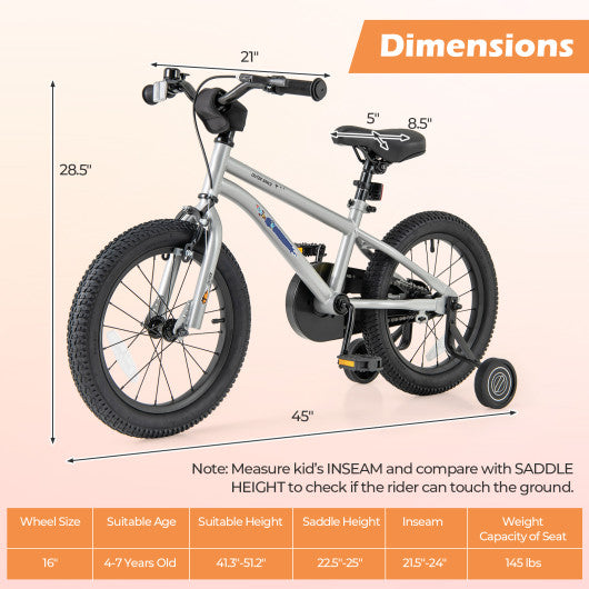 16-Inch Kids Bike Bicycle for Boys Girls 4-7 Adjustable with High Carbon Steel Frame-16 inches