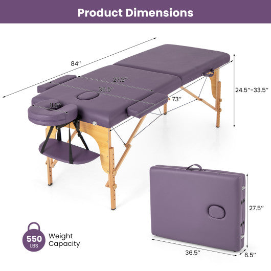 84 Inch Foldable Massage Table with Carrying Bag and Height Adjustable-Purple