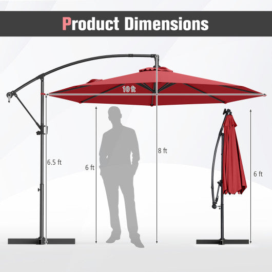 10 Feet Offset Hanging Umbrella with Base and Infinite Tilt-Wine