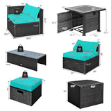 9 Pieces Patio Furniture Set with 32” Fire Pit Table and 50000 BTU Square Propane Fire Pit-Turquoise