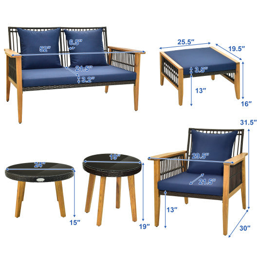 7 Piece Outdoor Conversation Set with Stable Acacia Wood Frame Cozy Seat & Back Cushions-Navy