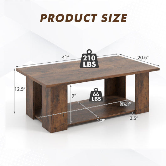Large 36/41 Inch 2-tier Wooden Modern Coffee Table with Storage Shelf-Coffee