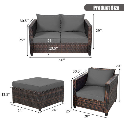 5 Pieces Patio Cushioned Rattan Furniture Set-Gray