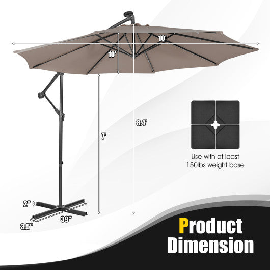 10 Feet Patio Solar Powered Cantilever Umbrella with Tilting System-Coffee