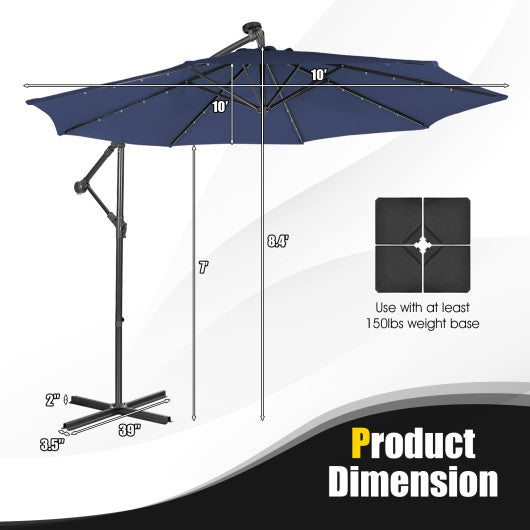 10 Feet Patio Solar Powered Cantilever Umbrella with Tilting System-Navy