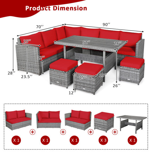 7 Pieces Patio Rattan Dining Furniture Sectional Sofa Set with Wicker Ottoman-Red