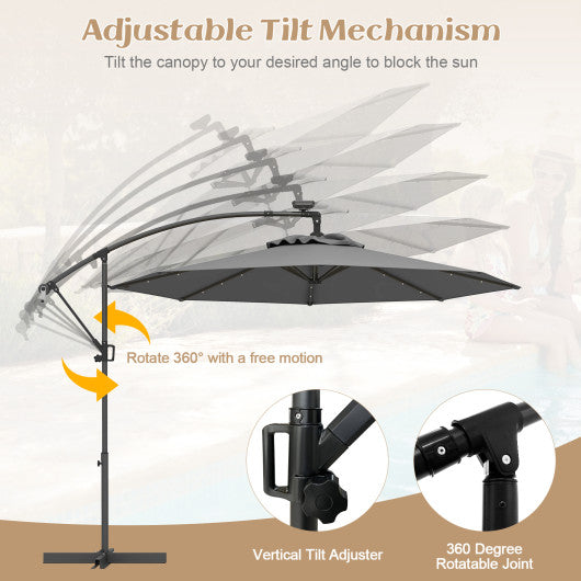 10 Feet 360° Rotation Solar Powered LED Patio Offset Umbrella without Weight Base-Gray