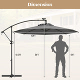 10 Feet 360° Rotation Solar Powered LED Patio Offset Umbrella without Weight Base-Gray