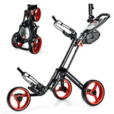 Folding 3 Wheels Golf Push Cart with Brake Scoreboard Adjustable Handle-Red