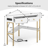 Triangle Corner Desk with Charging Station with 2 Drawers and Storage Shelf-White