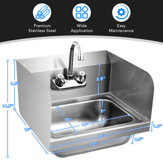 Stainless Steel Sink Wall Mount Hand Washing Sink with Faucet and Side Splash